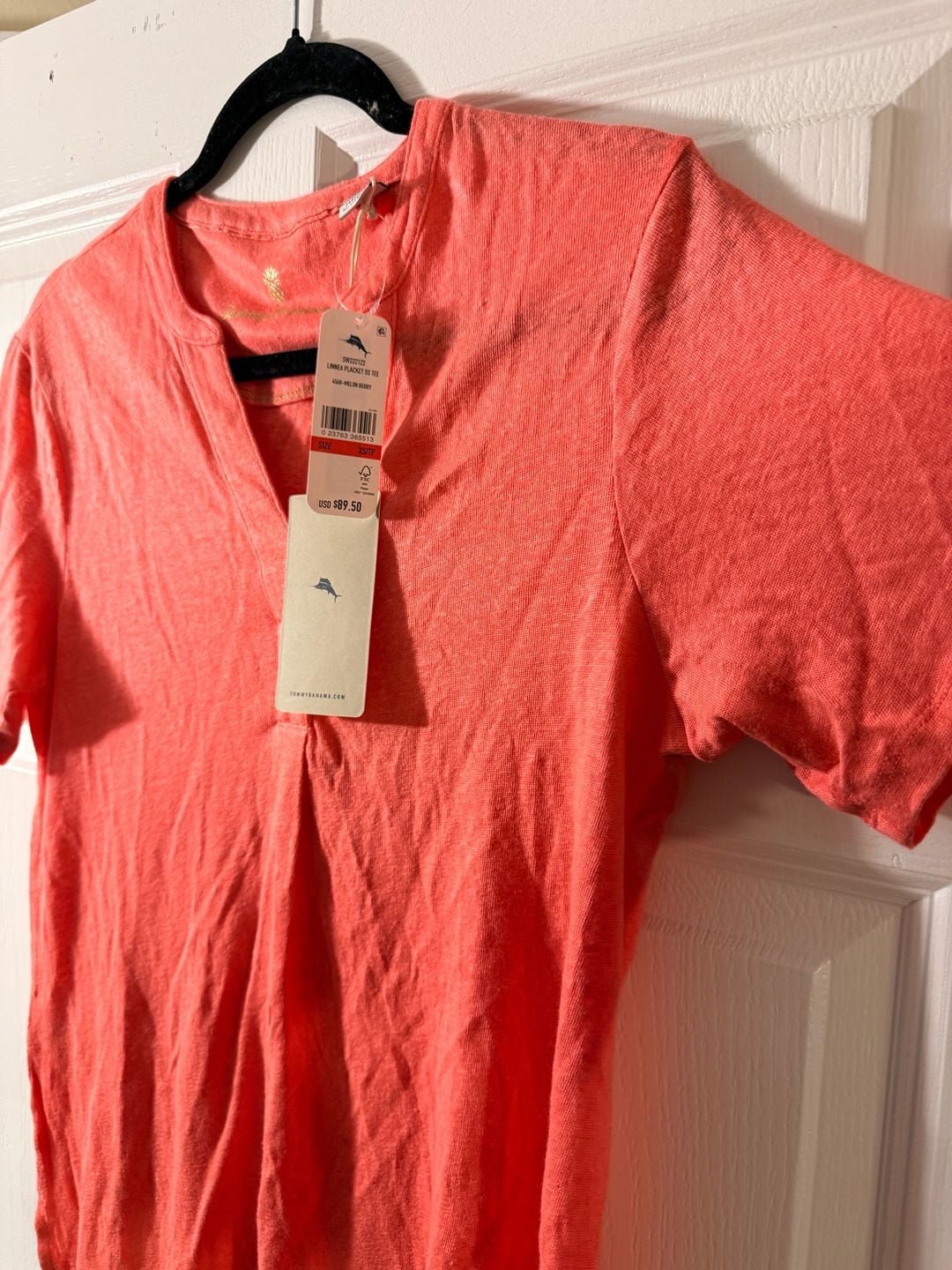 Tommy Bahama Linnea Placket SS Tee Size XS/TP Melon Berry Linen Top 3