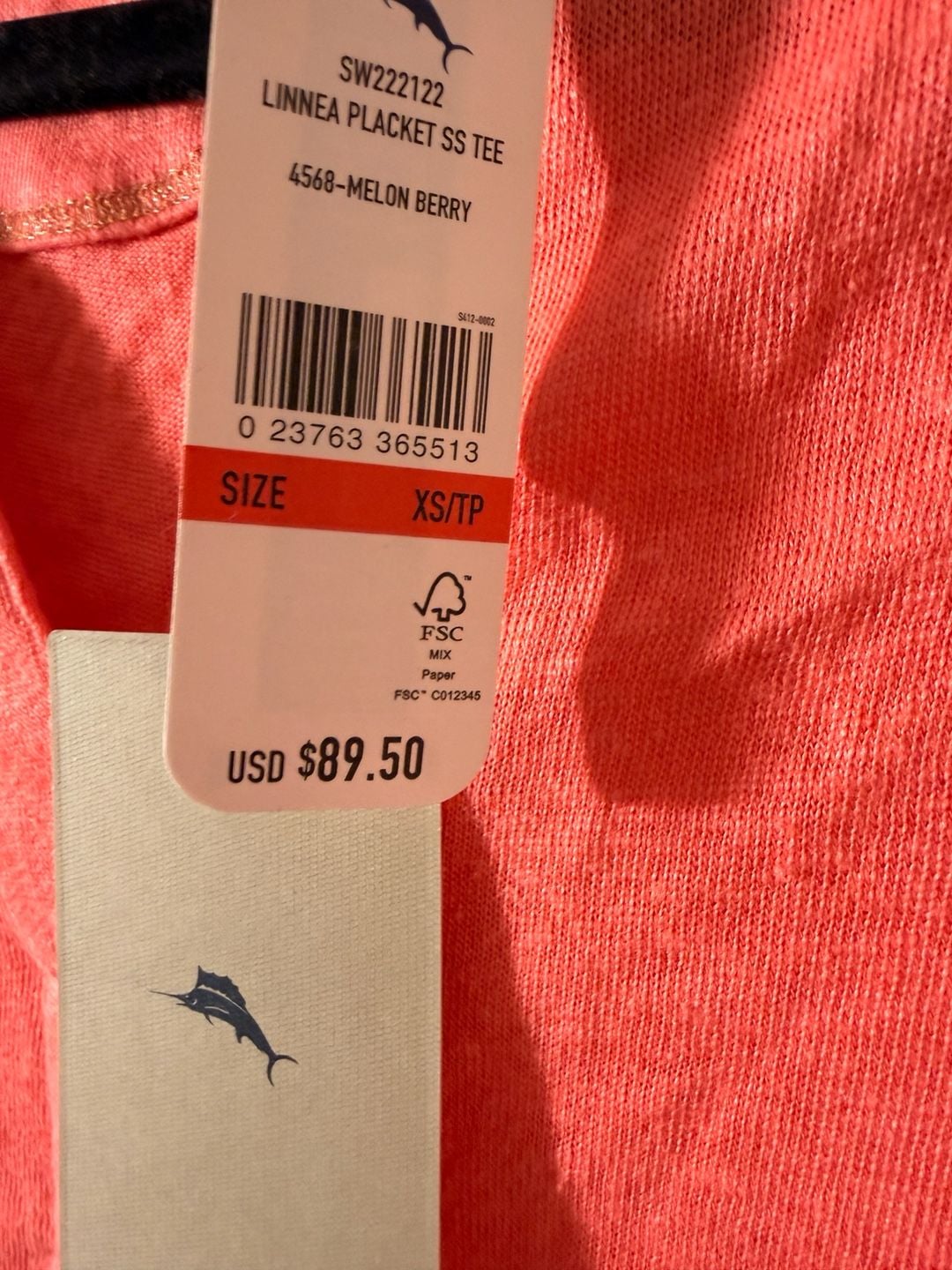 Tommy Bahama Linnea Placket SS Tee Size XS/TP Melon Berry Linen Top 5