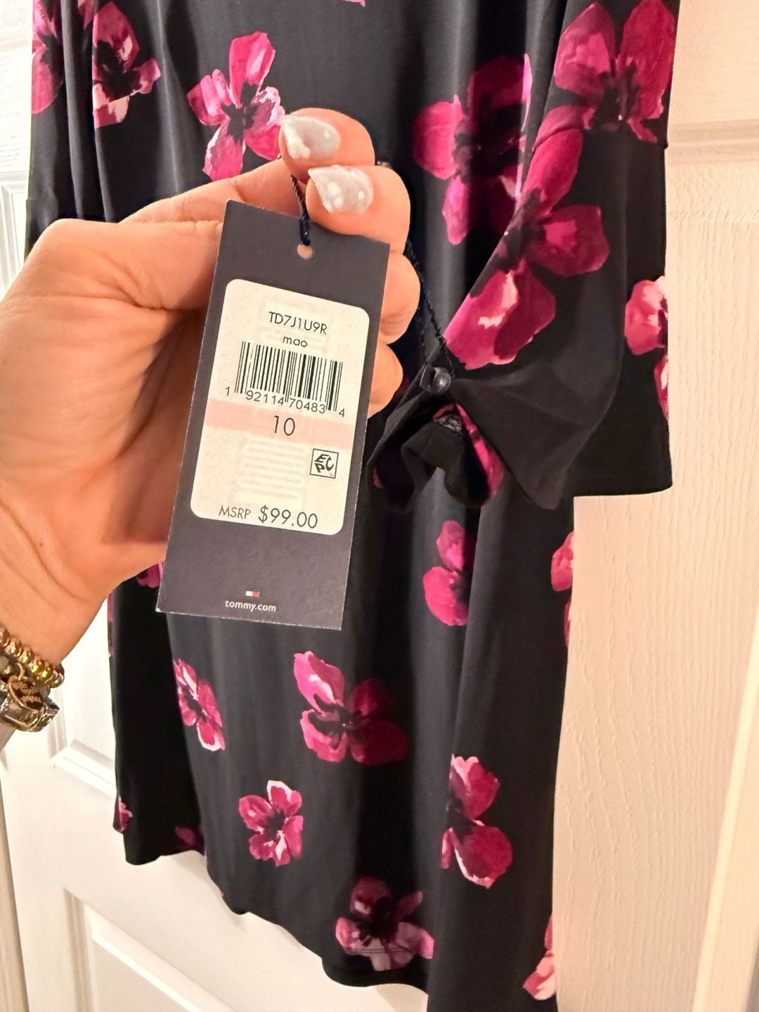 Tommy Hilfiger Floral Bell Sleeve Dress Size 10 Black Pink Jersey NWT 3