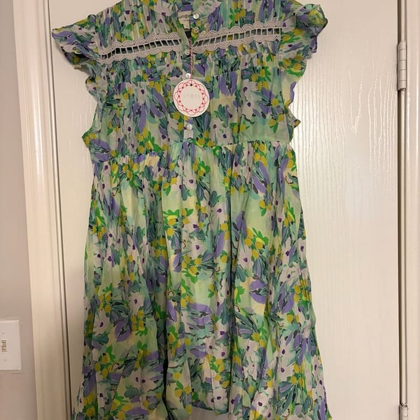 Umgee Babydoll Dress Size L Multi Floral Print Ruffle Short Sleeve
