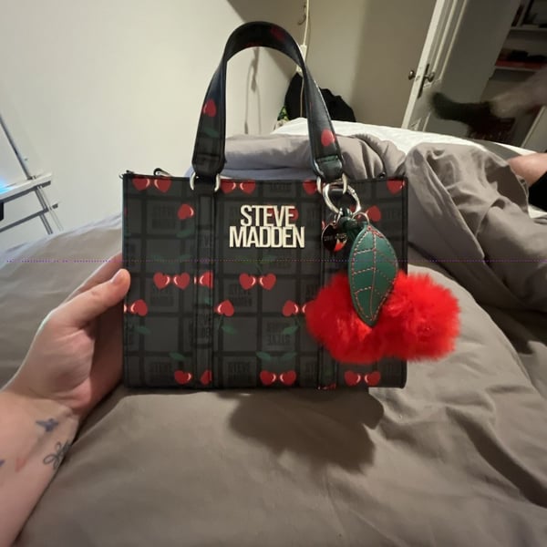 Steve Madden Cherry Print Satchel Handbag Black Red