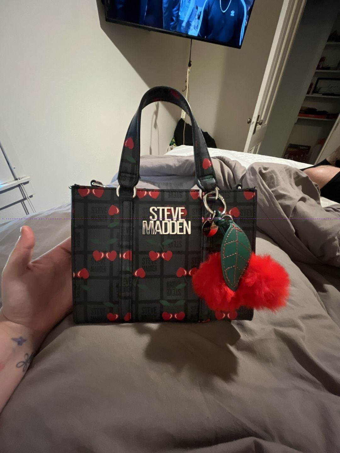 Steve Madden Cherry Print Satchel Handbag Black Red 4