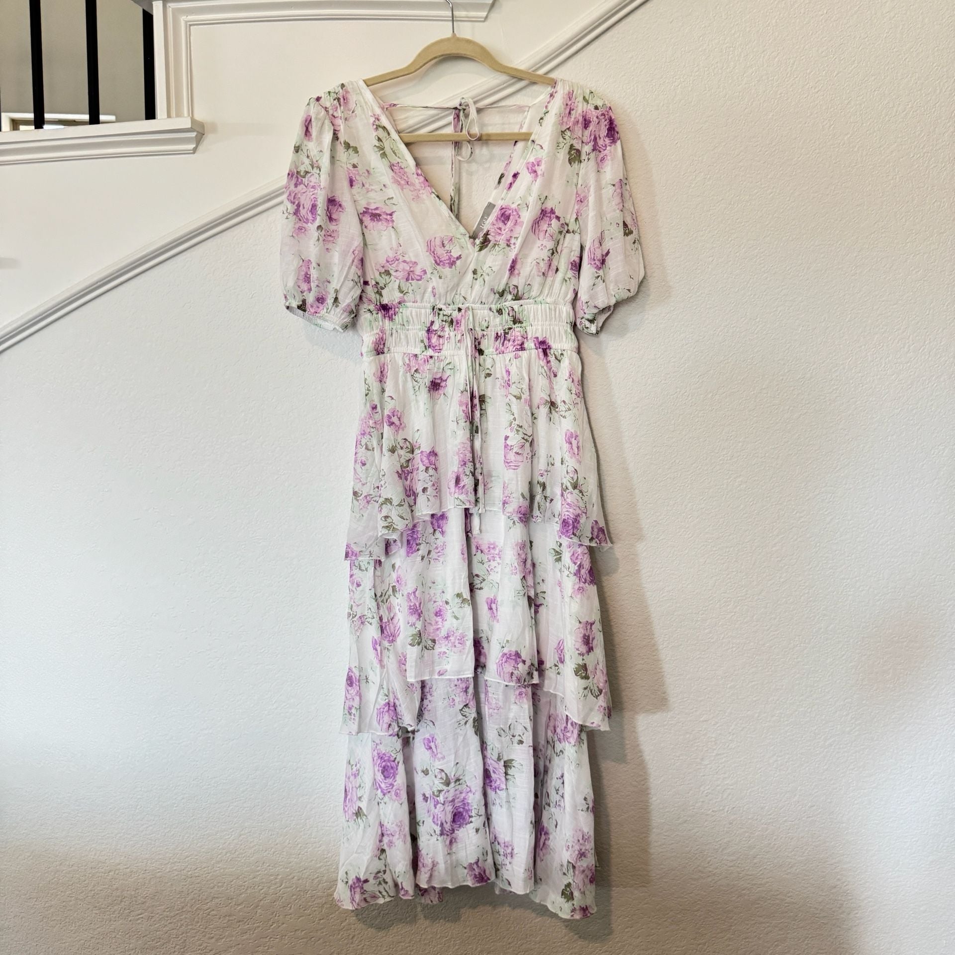 JIGEE Floral Dress PM White Purple Tiered Maxi Puff Sleeve 2