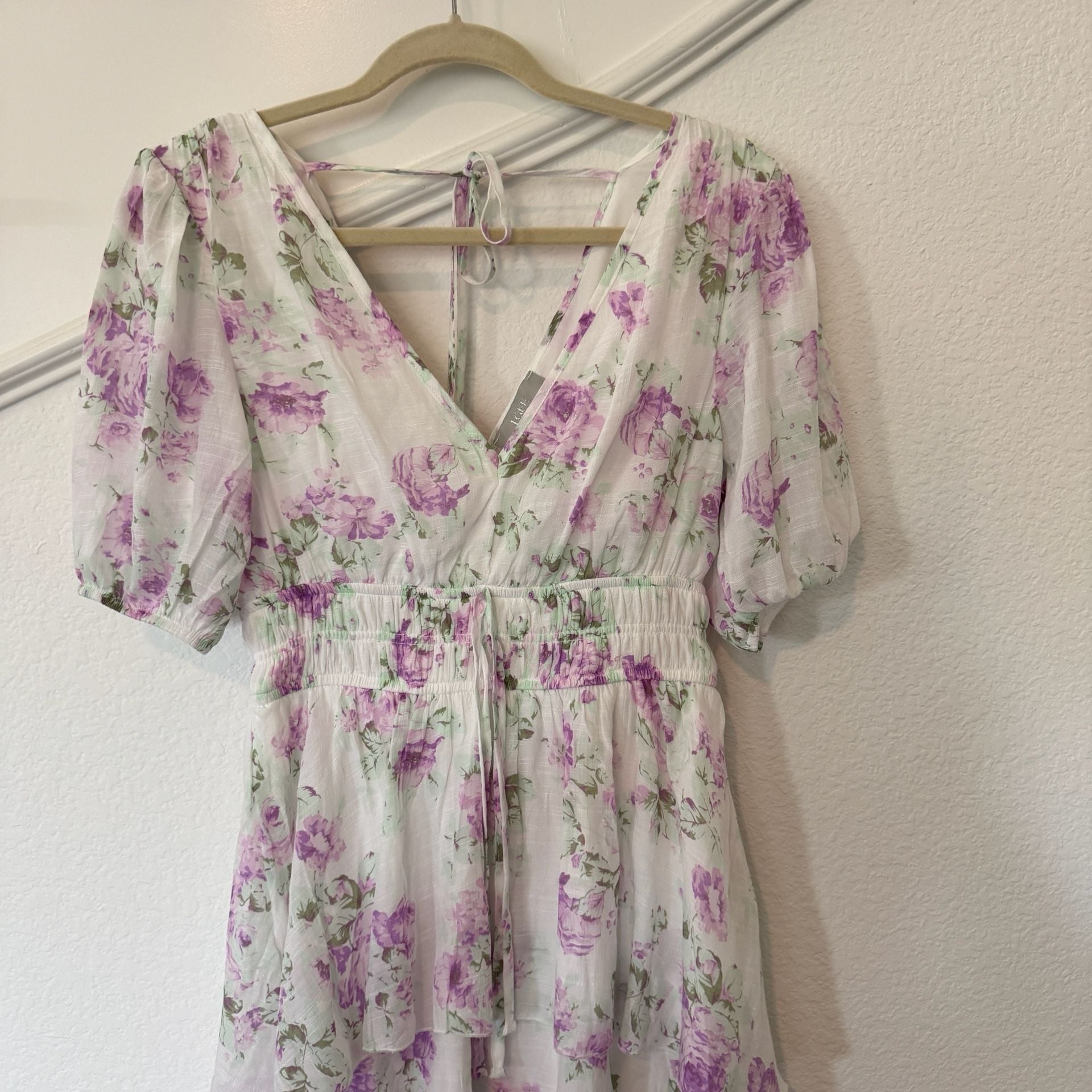 JIGEE Floral Dress PM White Purple Tiered Maxi Puff Sleeve 3