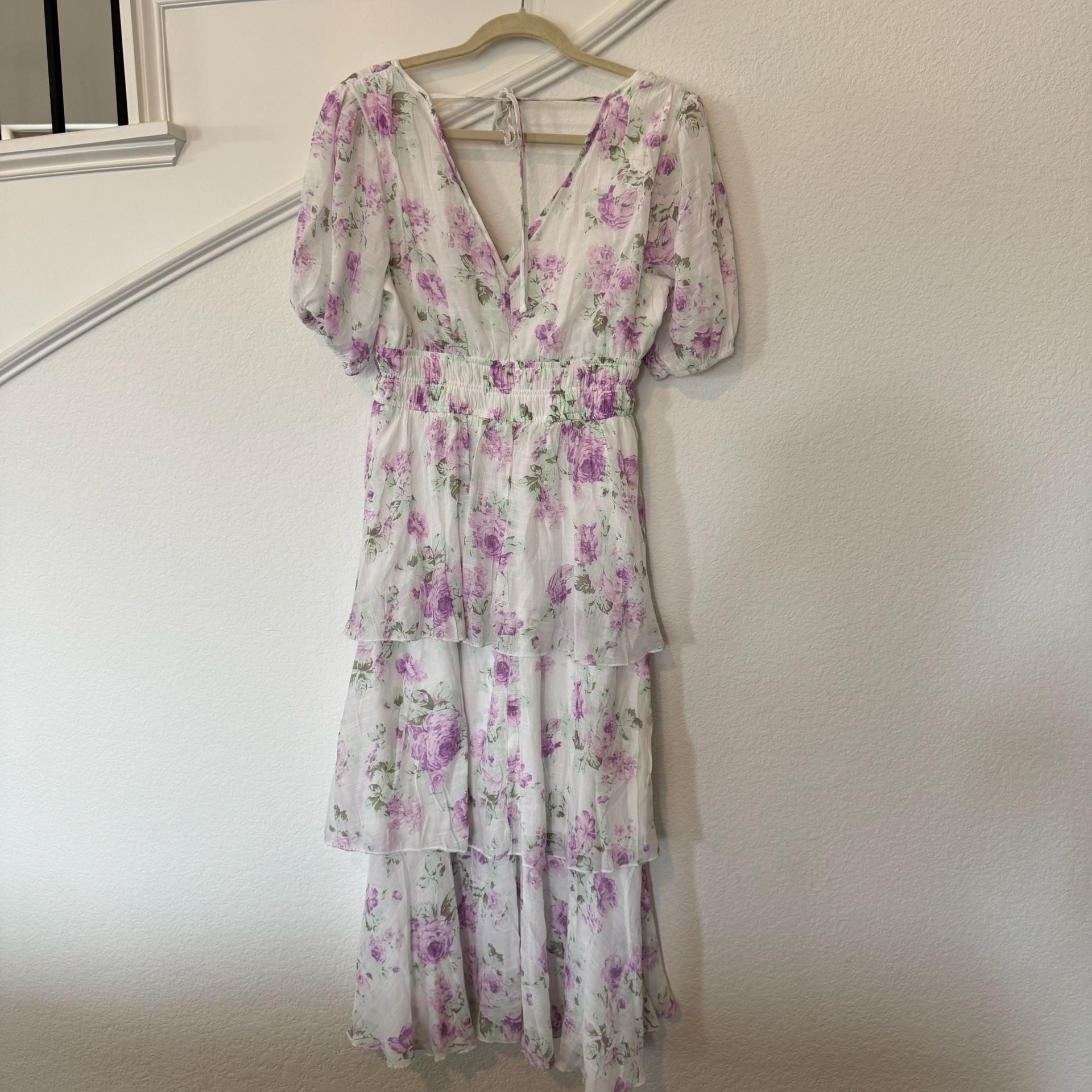 JIGEE Floral Dress PM White Purple Tiered Maxi Puff Sleeve 5