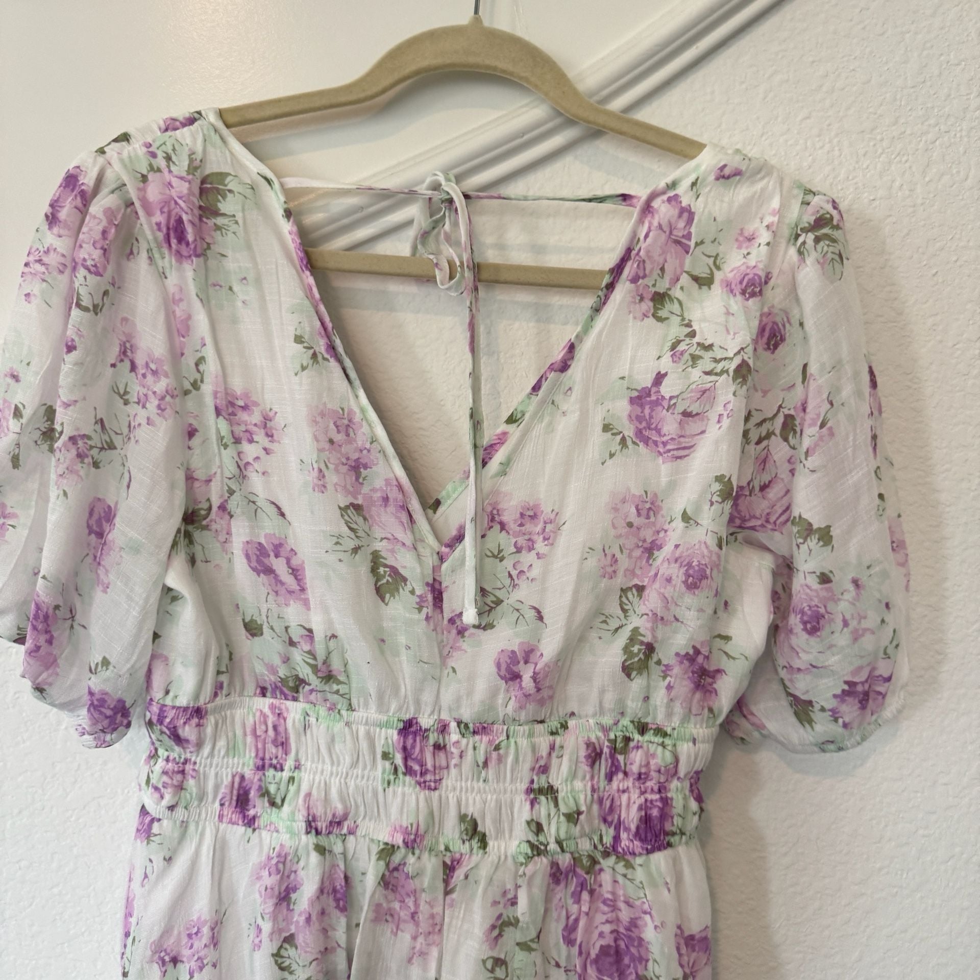 JIGEE Floral Dress PM White Purple Tiered Maxi Puff Sleeve 6