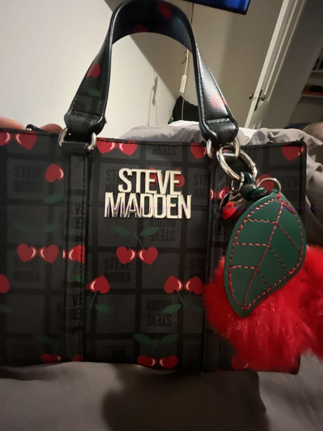 Steve Madden Cherry Print Satchel Handbag Black Red 8