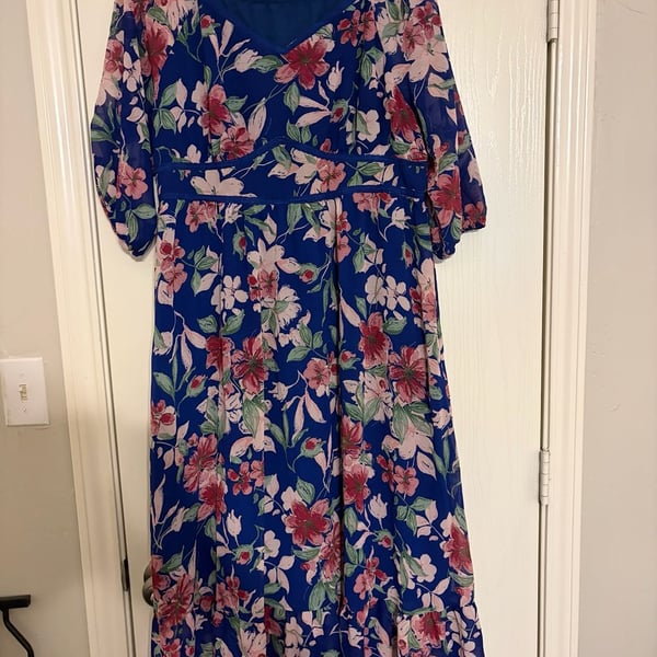 Bloomchic Midi Dress US 14-16 Blue Floral Print Chiffon Ruffle Hem