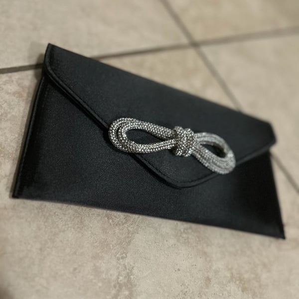 Fiorella Collection by QARA Black Satin Rhinestone Bow Envelope Clutch Bag
