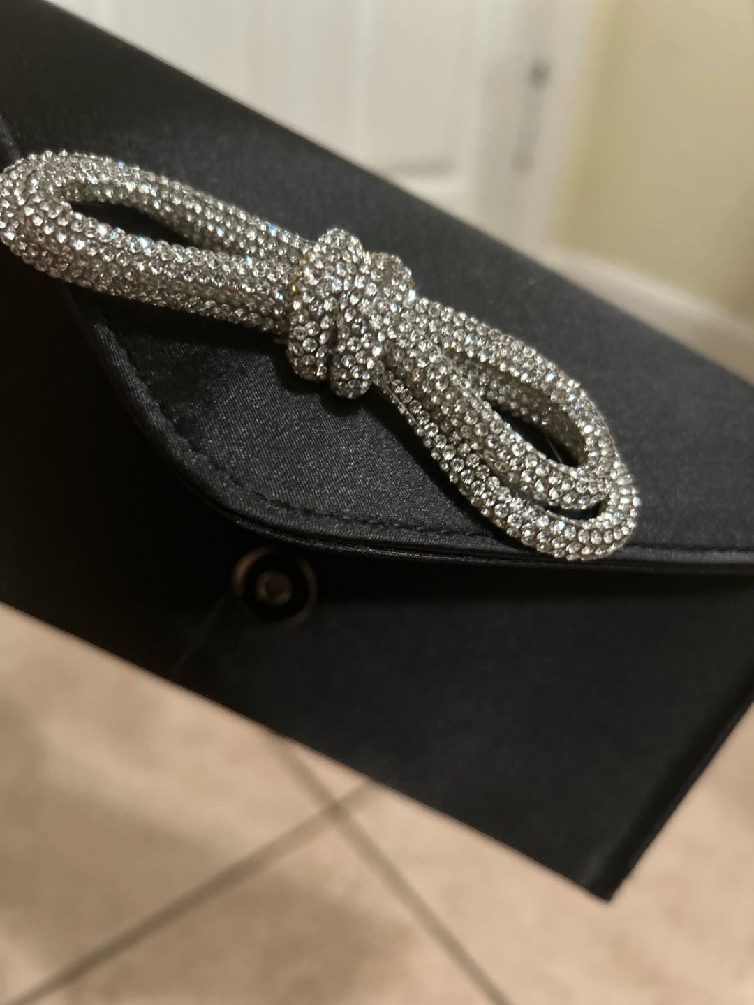 Fiorella Collection by QARA Black Satin Rhinestone Bow Envelope Clutch Bag 5