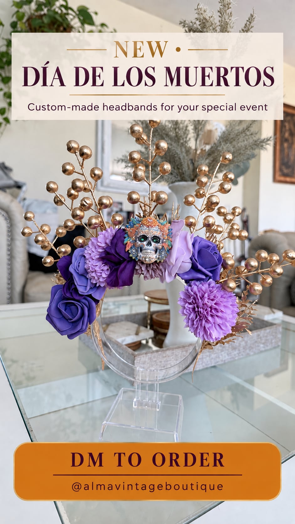 Alma Vintage Boutique Dia De Los Muertos Purple Floral Skull Headband 1