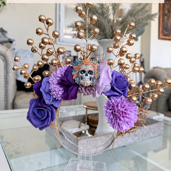 Alma Vintage Boutique Dia De Los Muertos Purple Floral Skull Headband