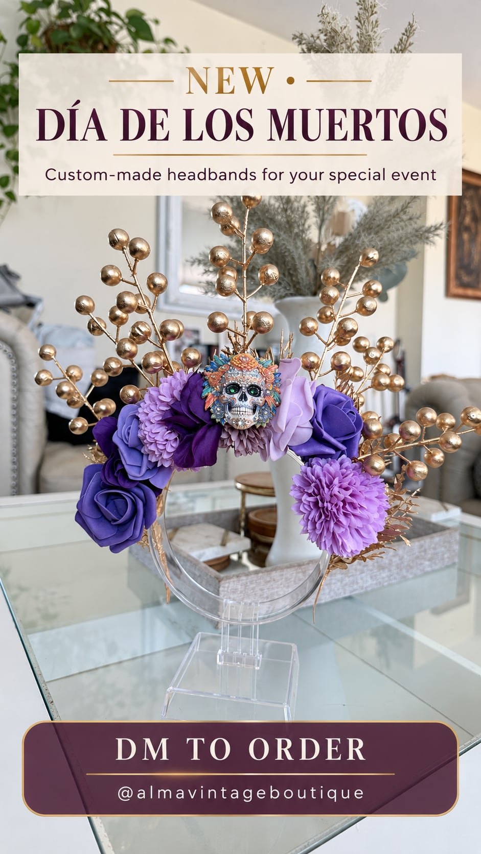 Alma Vintage Boutique Dia De Los Muertos Purple Floral Skull Headband 2