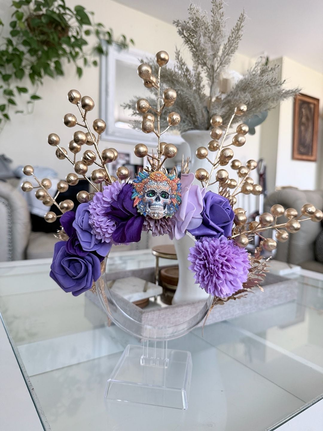 Alma Vintage Boutique Dia De Los Muertos Purple Floral Skull Headband 8