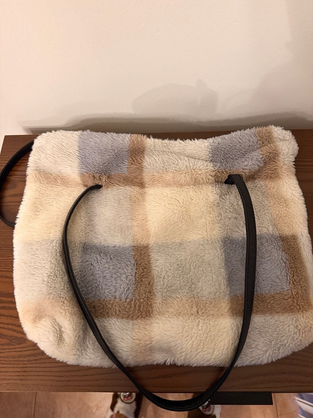 Fuzzy Plaid Shoulder Bag Tote Faux Fur Fluffy Handbag Multi 2