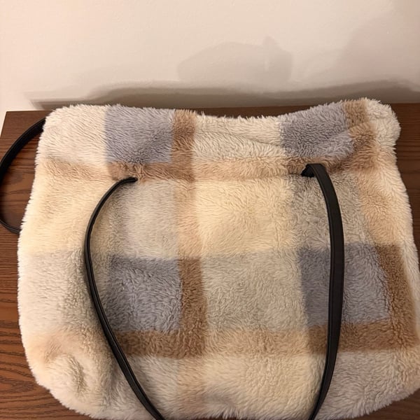 Fuzzy Plaid Shoulder Bag Tote Faux Fur Fluffy Handbag Multi