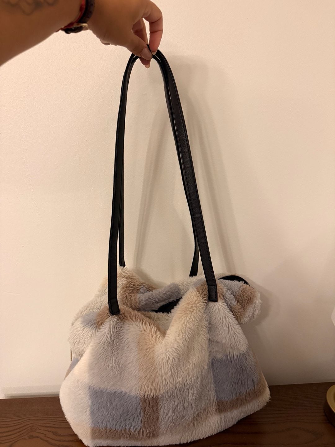 Fuzzy Plaid Shoulder Bag Tote Faux Fur Fluffy Handbag Multi 3