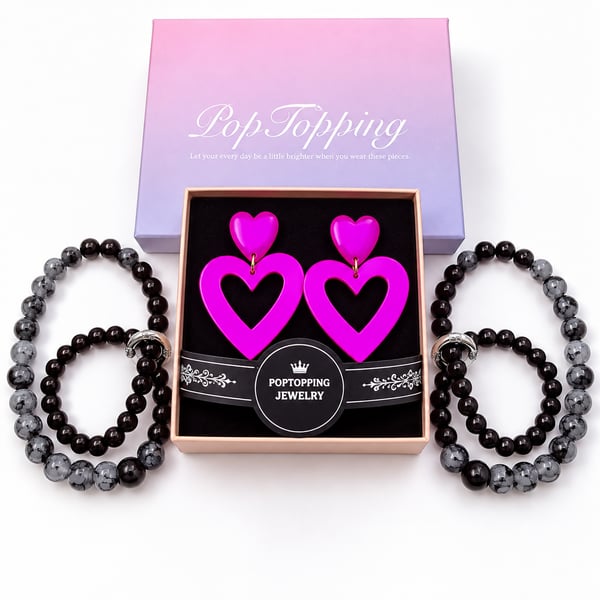 PopTopping Pink Double Heart Earrings & Black Gray Beaded Jewelry Set