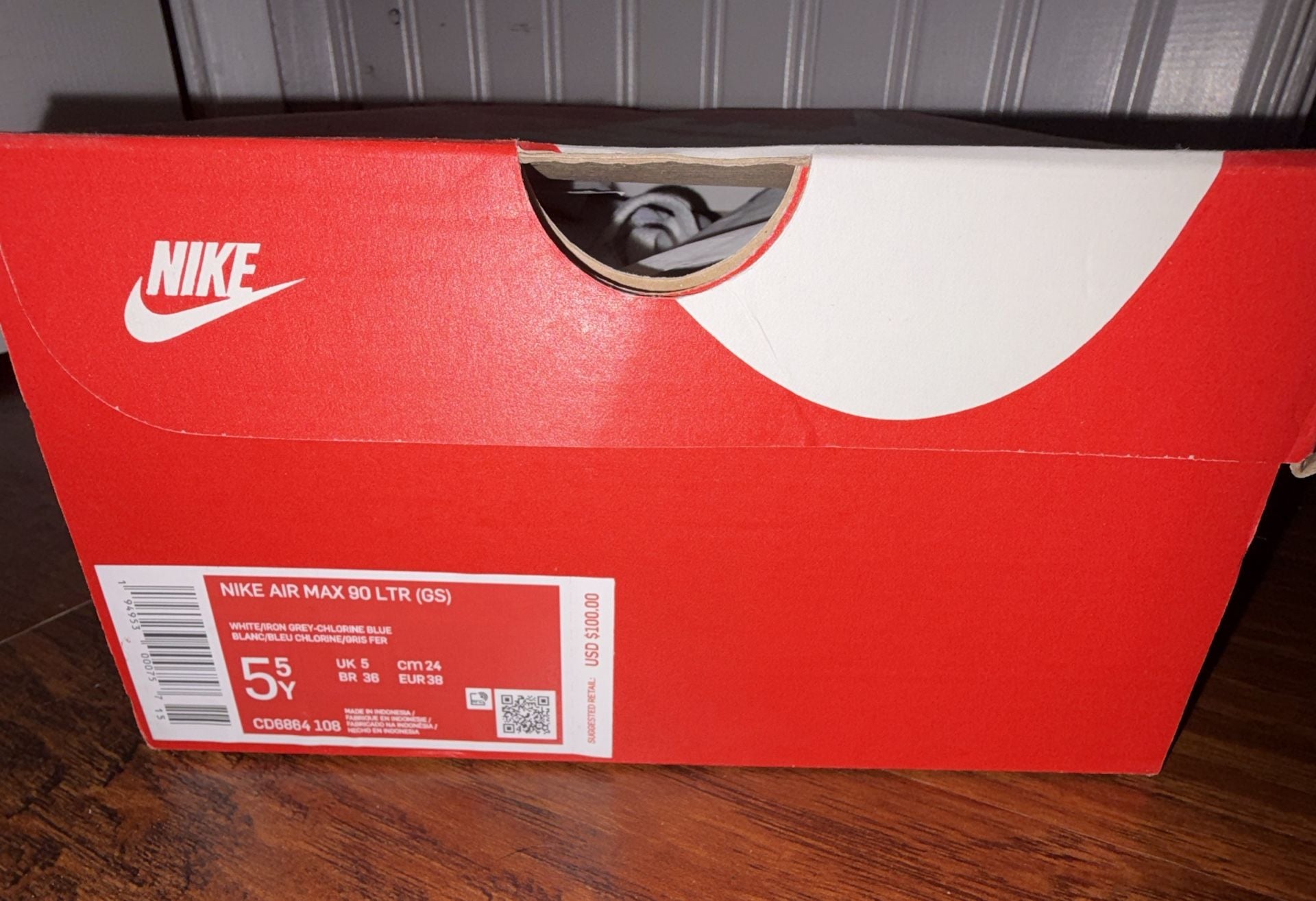 Nike Air Max 90 LTR (GS) White/Iron Grey/Chlorine Blue/ Red CD6864-108 Size 5.5Y 4