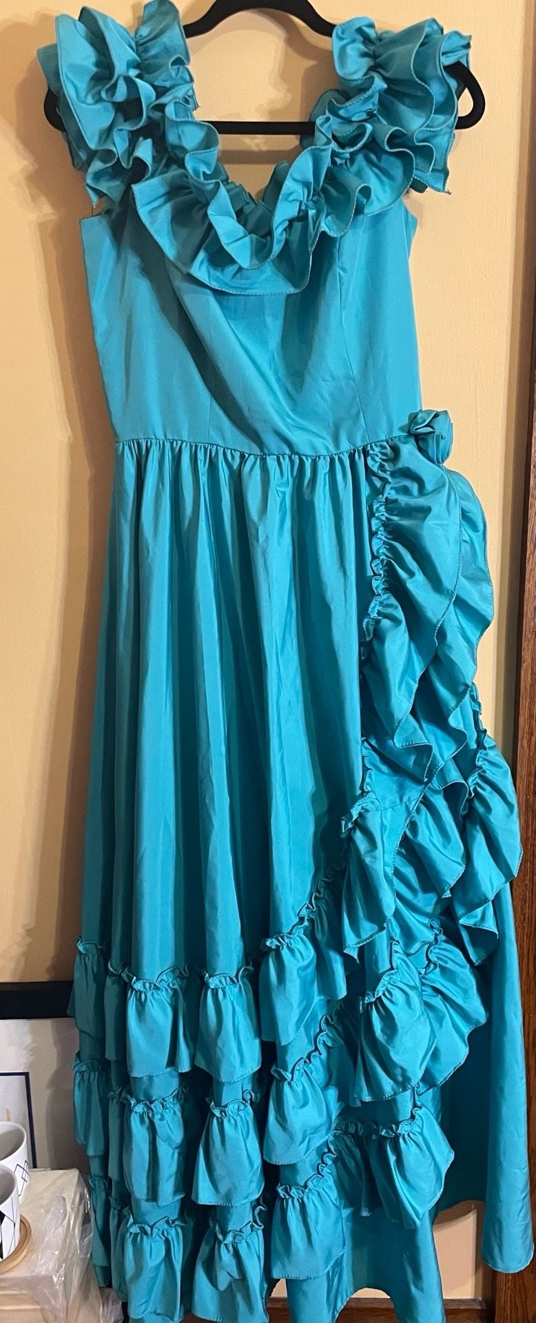 Vintage Ruffled Turquoise Maxi Dress Blue 28in waist 2