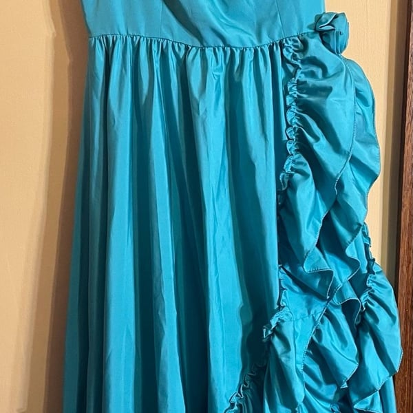 Vintage Ruffled Turquoise Maxi Dress Blue 28in waist