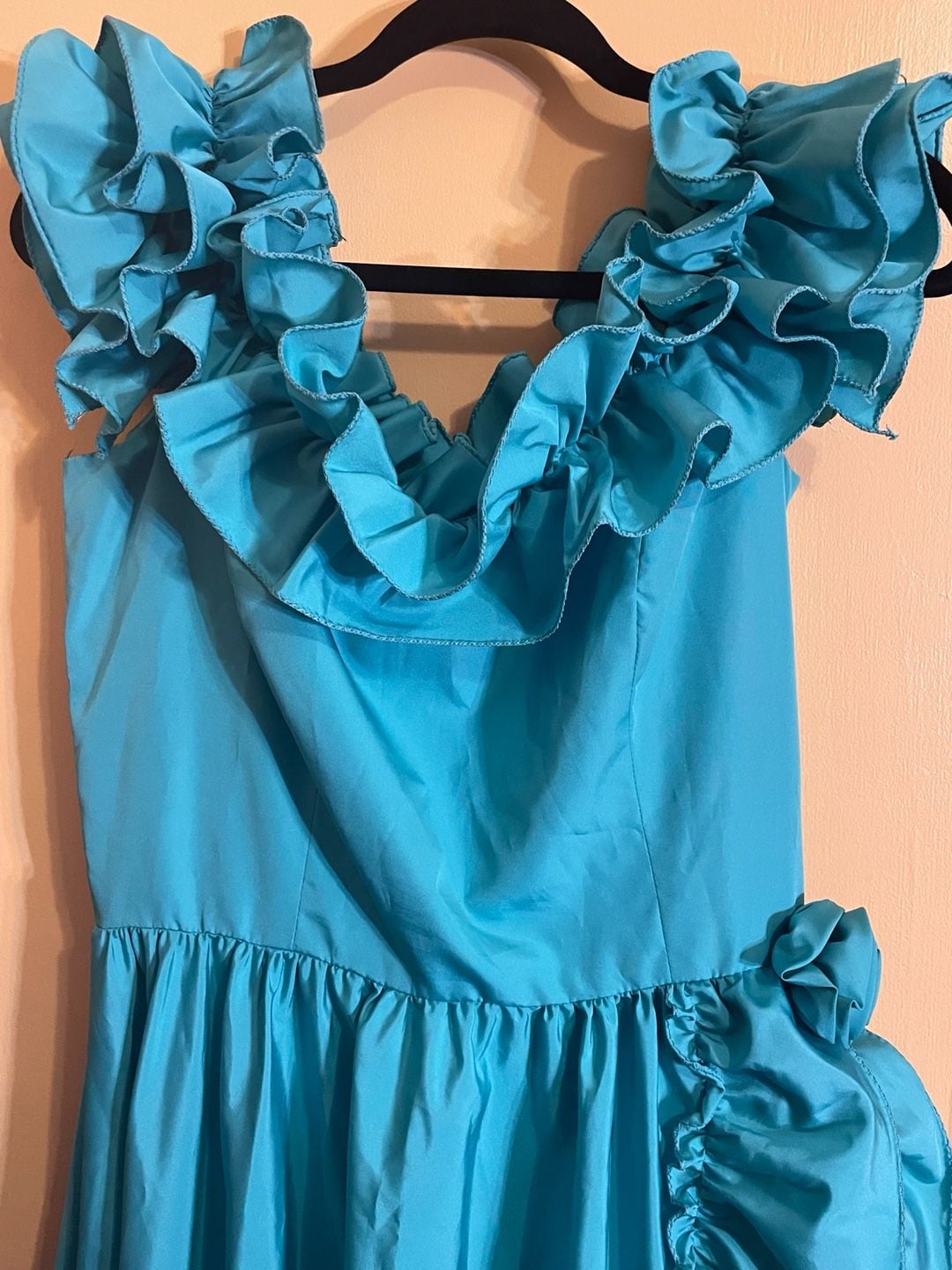 Vintage Ruffled Turquoise Maxi Dress Blue 28in waist 3