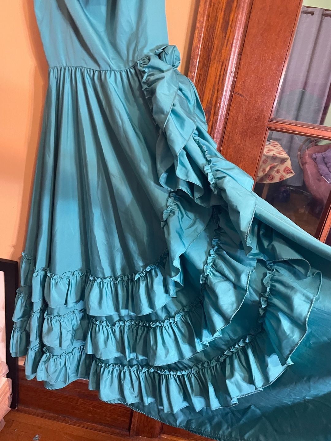 Vintage Ruffled Turquoise Maxi Dress Blue 28in waist 5