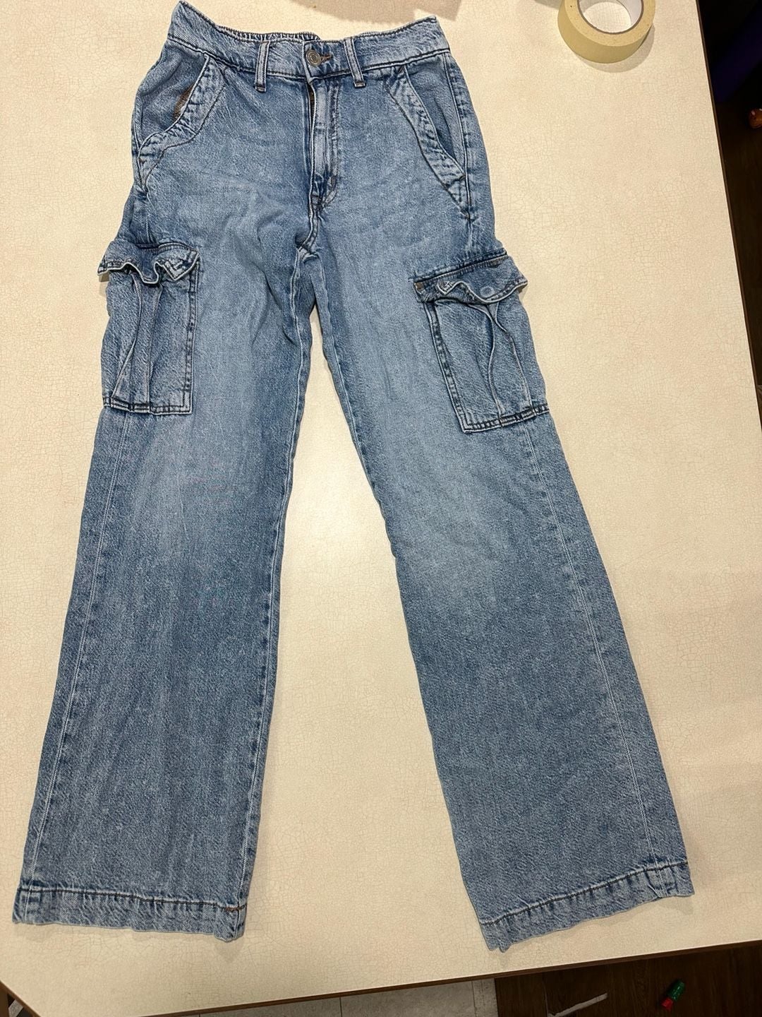 Aeropostale High Rise Wide Leg Cargo Jeans Size XS Reg Light Wash Denim 2