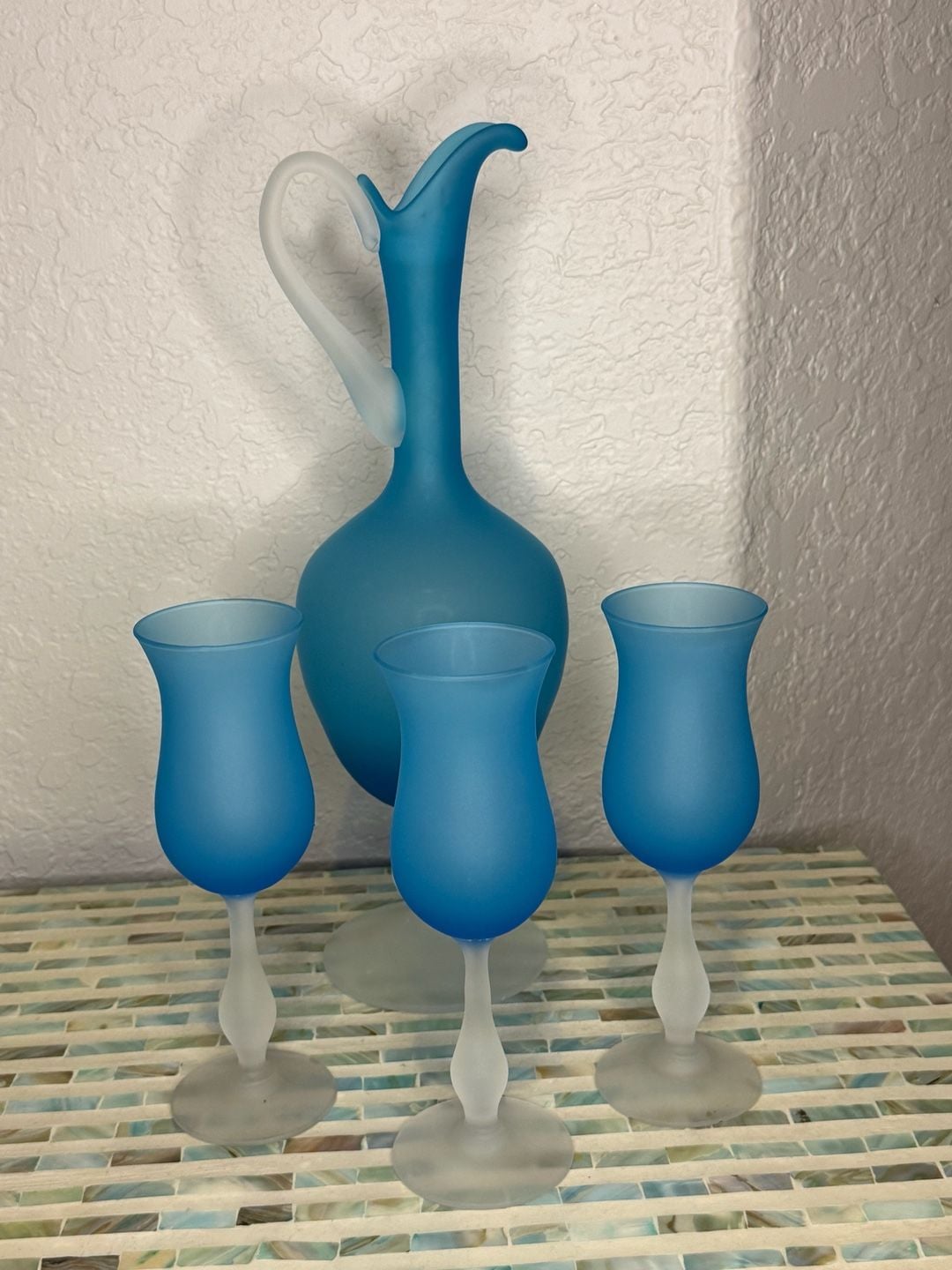 Empoli Frosted Blue Glass Decanter and Stemware Set 1