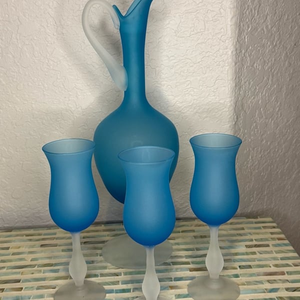 Empoli Frosted Blue Glass Decanter and Stemware Set
