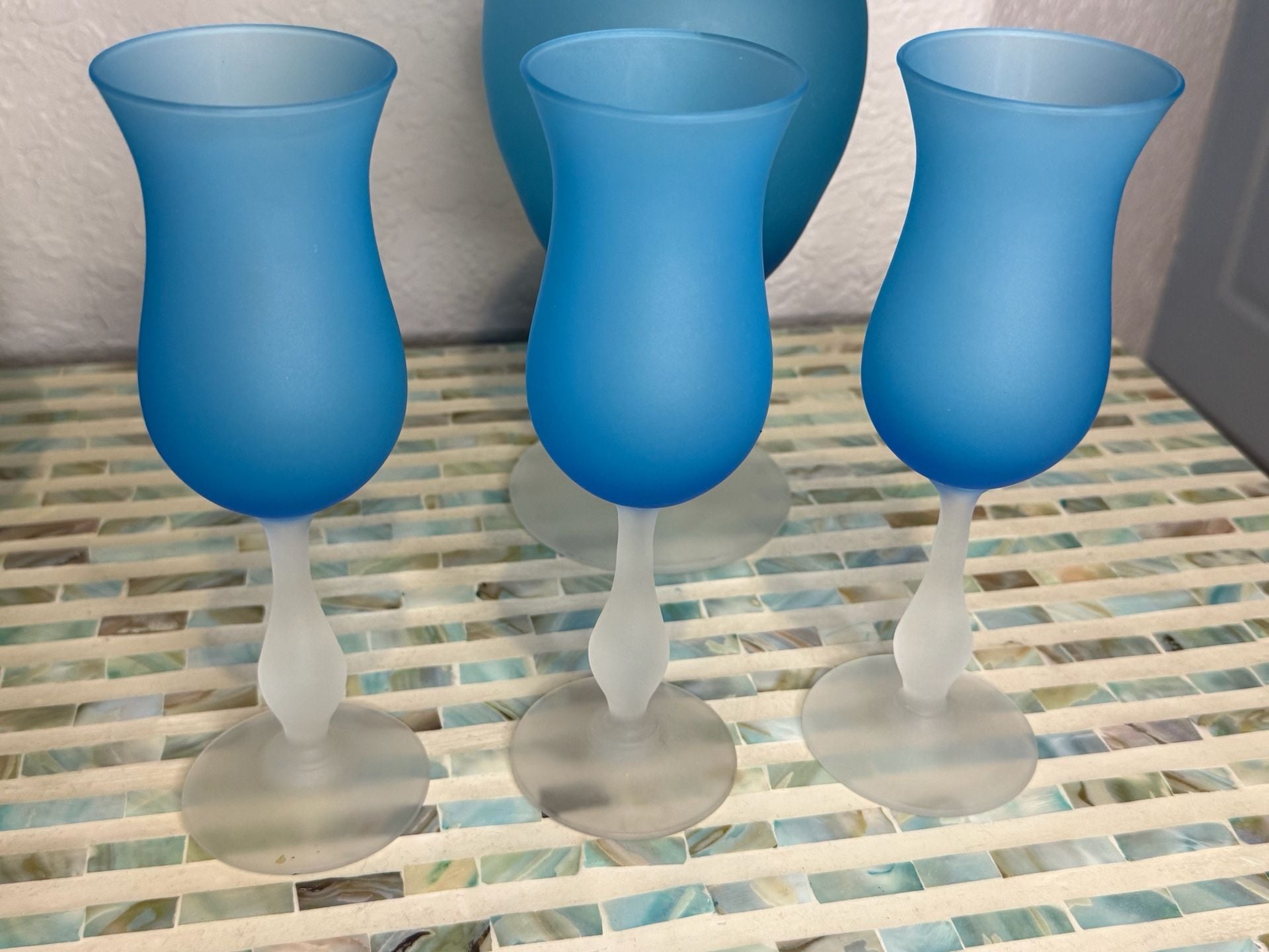 Empoli Frosted Blue Glass Decanter and Stemware Set 6