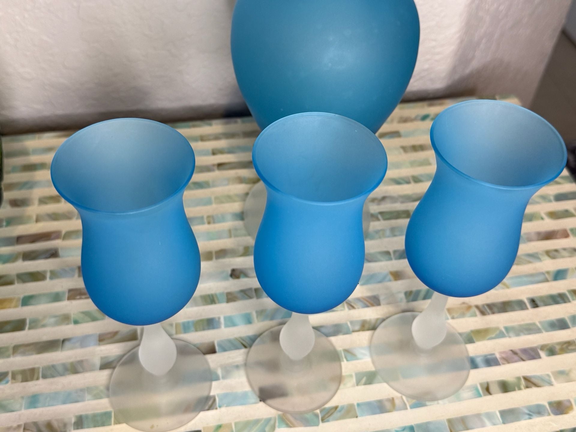 Empoli Frosted Blue Glass Decanter and Stemware Set 7