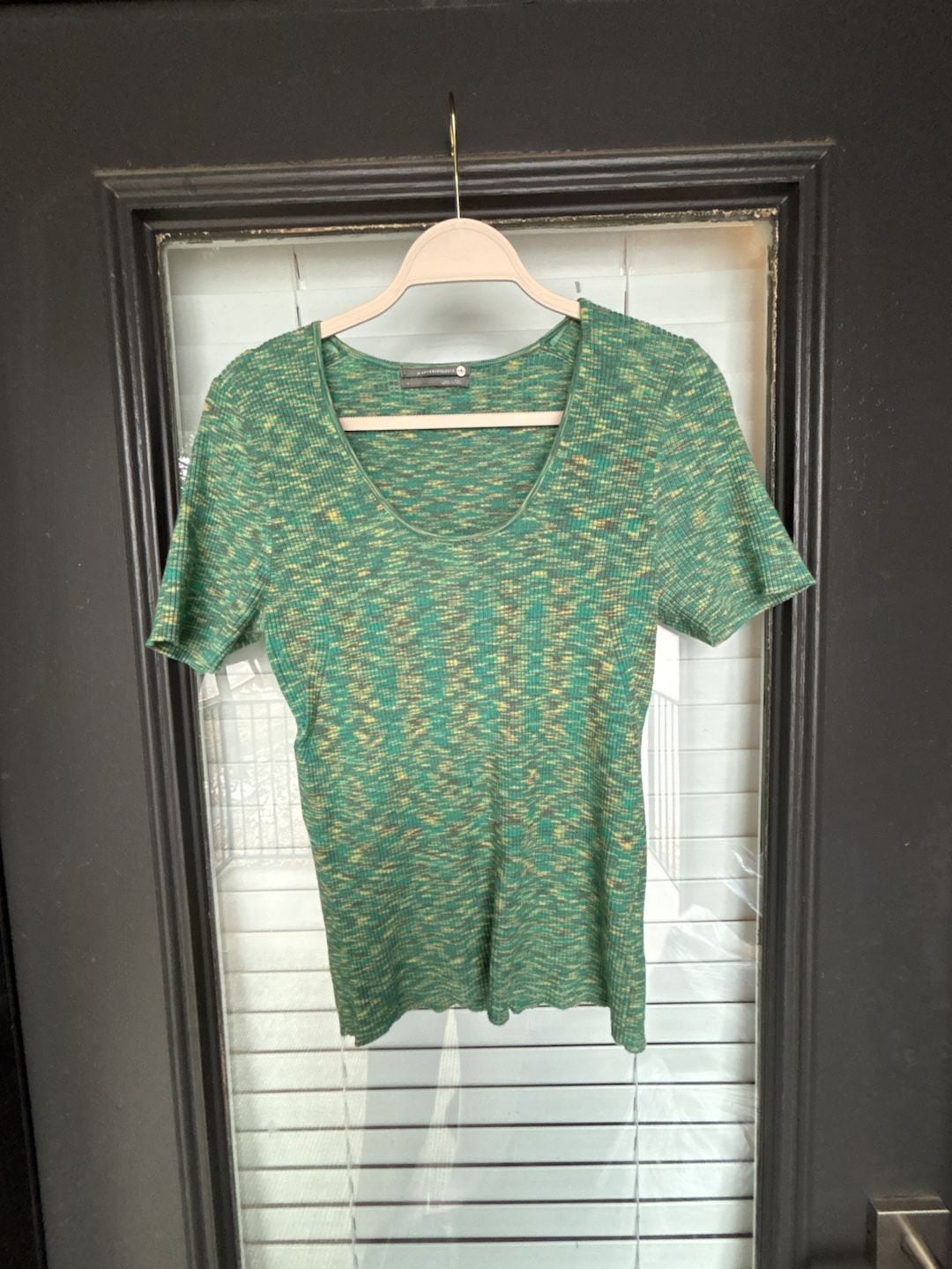 by Anthropologie Ribbed Knit Short Sleeve Sweater Size L Green Yellow 2