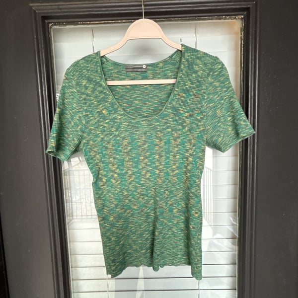 by Anthropologie Ribbed Knit Short Sleeve Sweater Size L Green Yellow