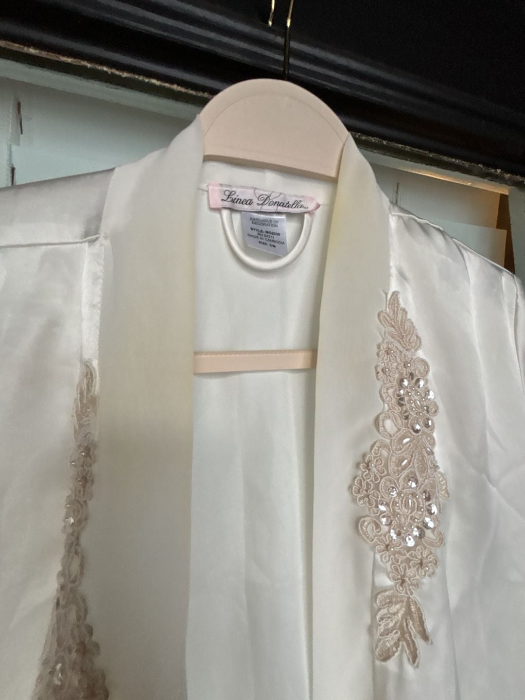 Linea Donatella Satin Robe Size S/M White MG2030 Lace Sequin 5