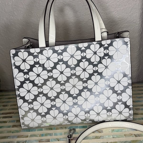Kate Spade Sam Spade Flower Jacquard Medium Satchel Silver White Tote