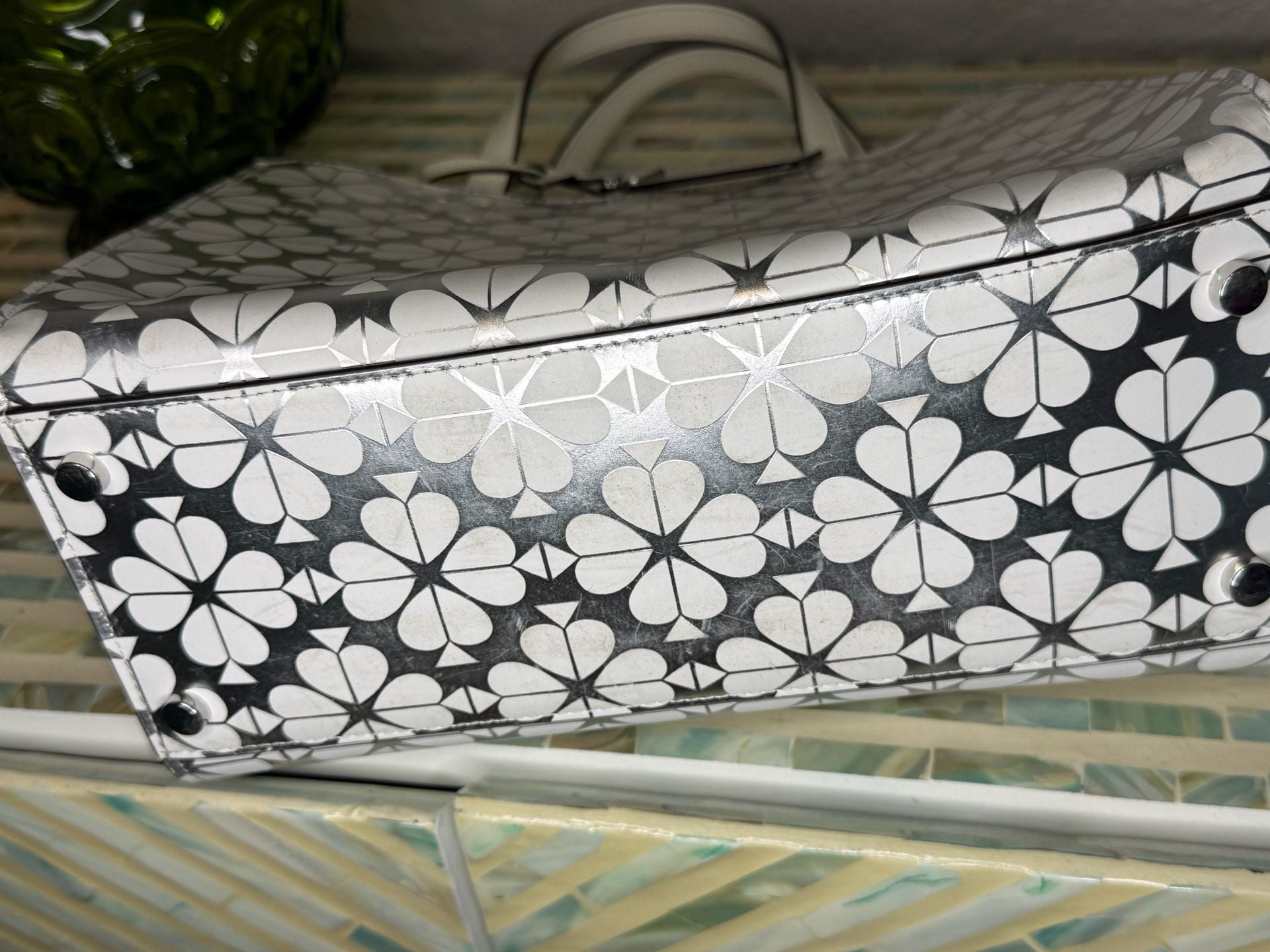 Kate Spade Sam Spade Flower Jacquard Medium Satchel Silver White Tote 12