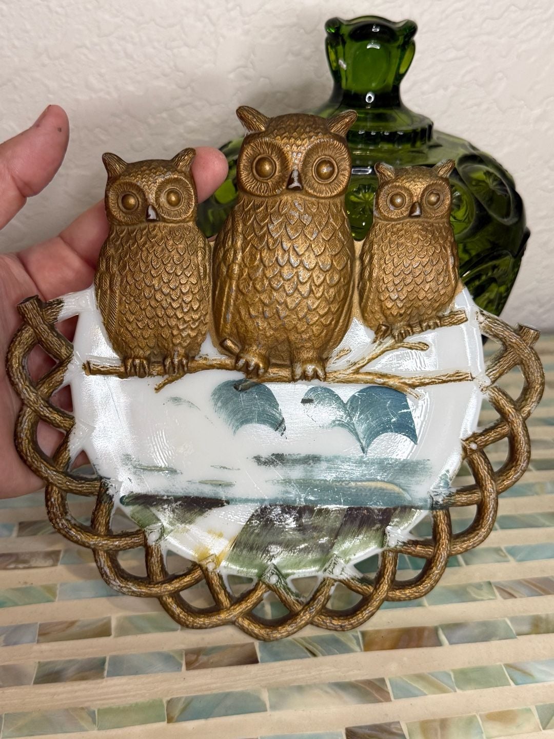 Westmoreland Milk Glass Three Owls Wall Plate Pat'd July 2 1901 Hand Painted 1