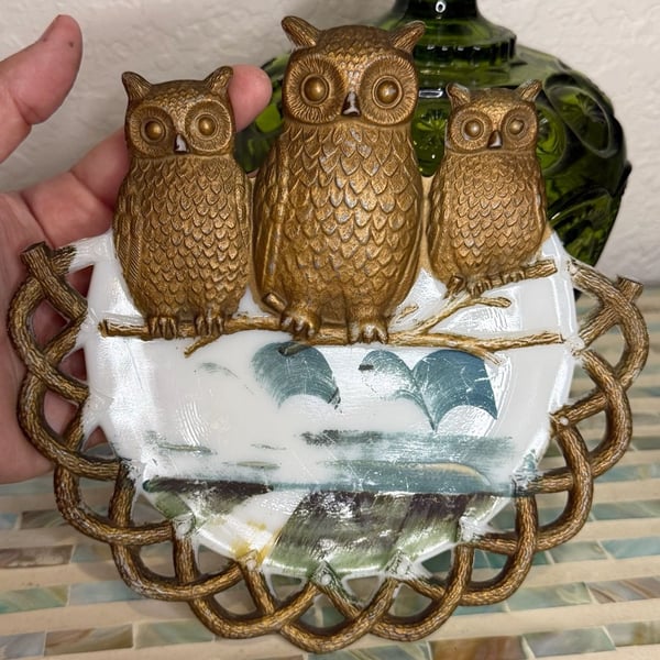 Westmoreland Milk Glass Three Owls Wall Plate Pat'd July 2 1901 Hand Painted