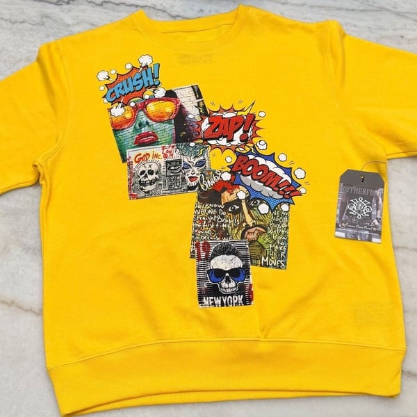 Rutherford Yellow Graphic Sweatshirt with Pop Art Print, Size L