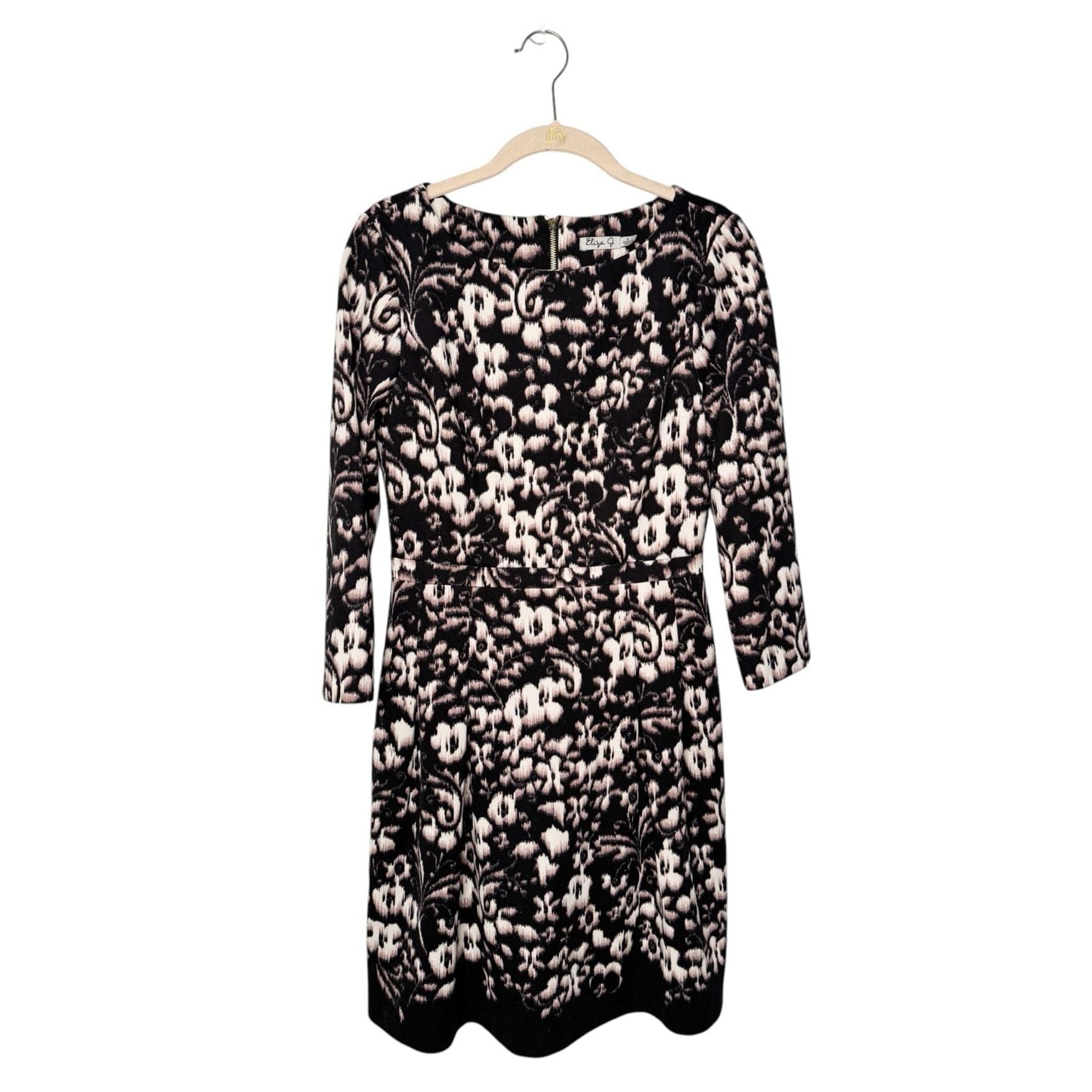 Eliza J Floral Knit Size 6 Black Cream Fit Flare Dress SZ 6 2