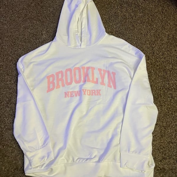 Brooklyn New York Hoodie Size 13-14Y White Pink Letter Print Pullover Sweatshirt