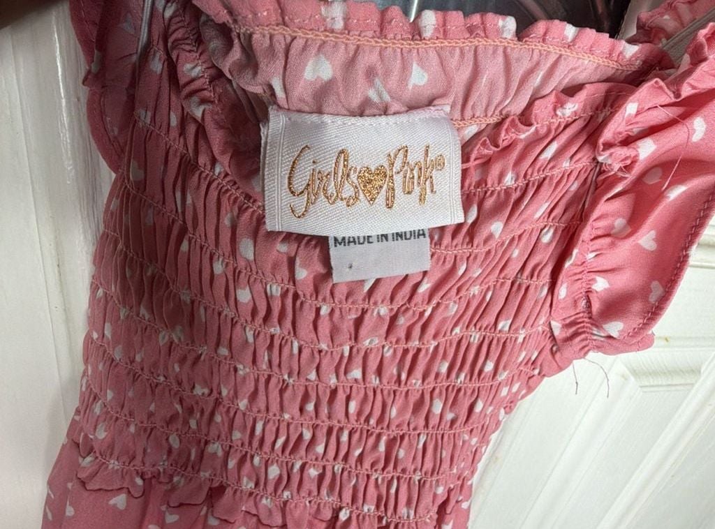 Girls Pink Smocked Short Sleeve Dress Size 4T Pink White Hearts 3
