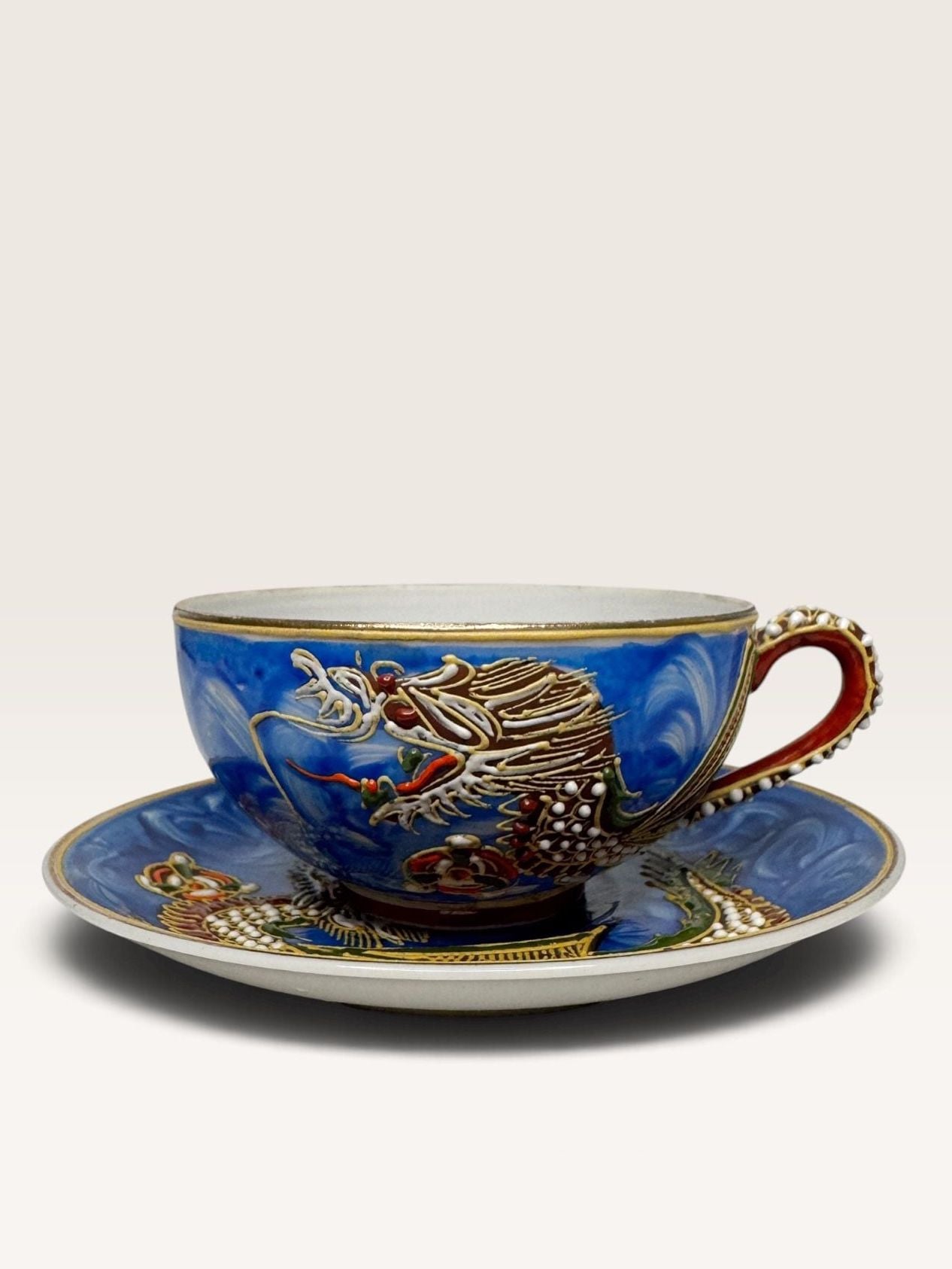 Vintage Japanese Moriage Dragonware Blue Lithophane Geisha Teacup and Saucer Set 1