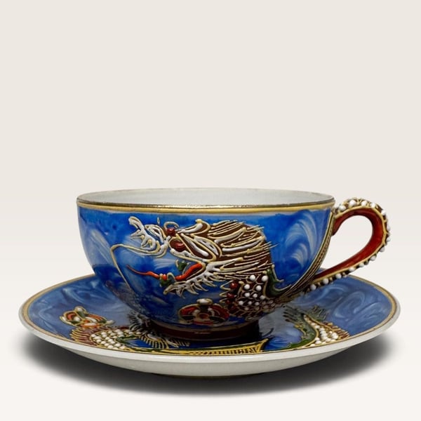 Vintage Japanese Moriage Dragonware Blue Lithophane Geisha Teacup and Saucer Set