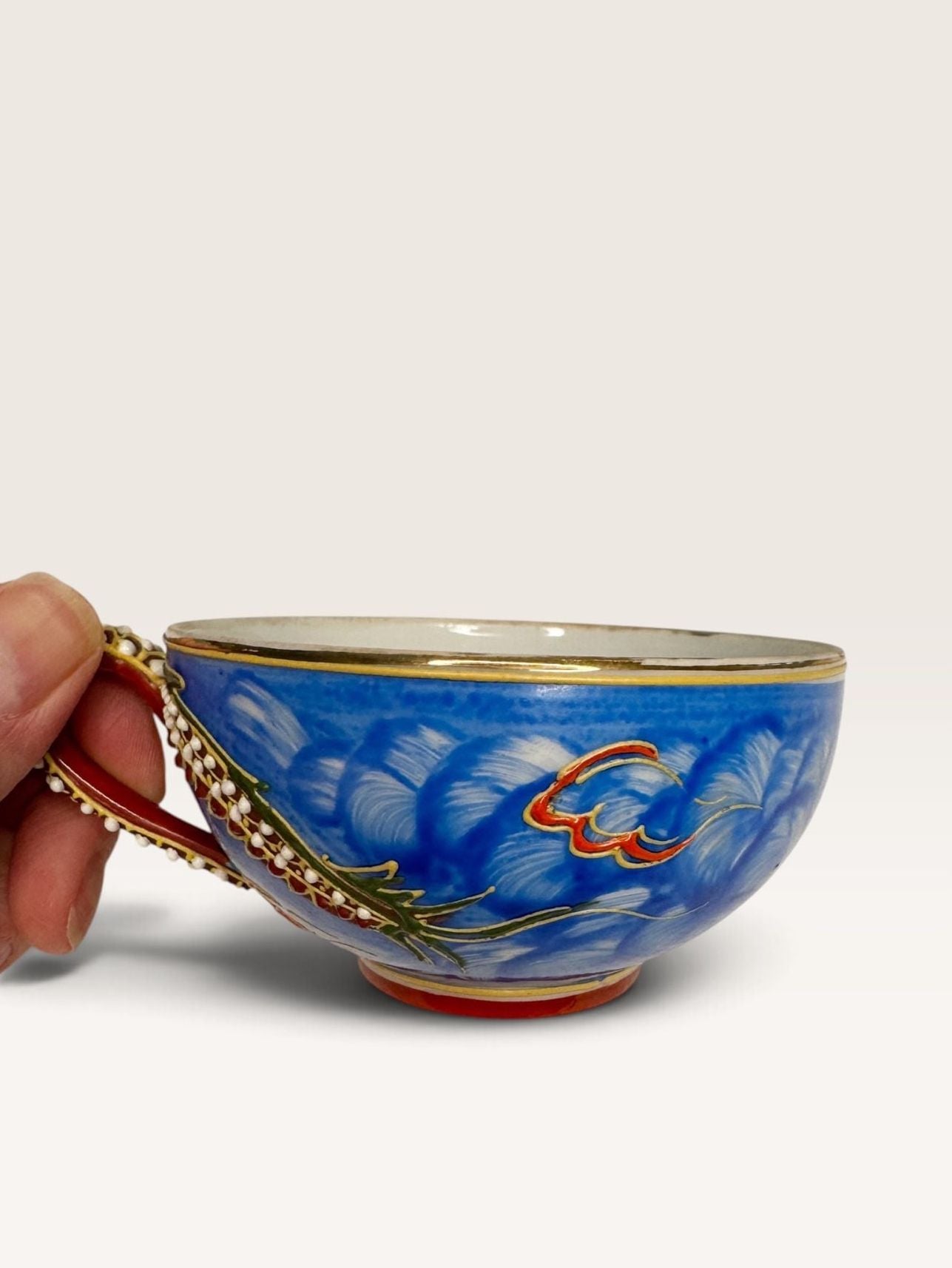 Vintage Japanese Moriage Dragonware Blue Lithophane Geisha Teacup and Saucer Set 6
