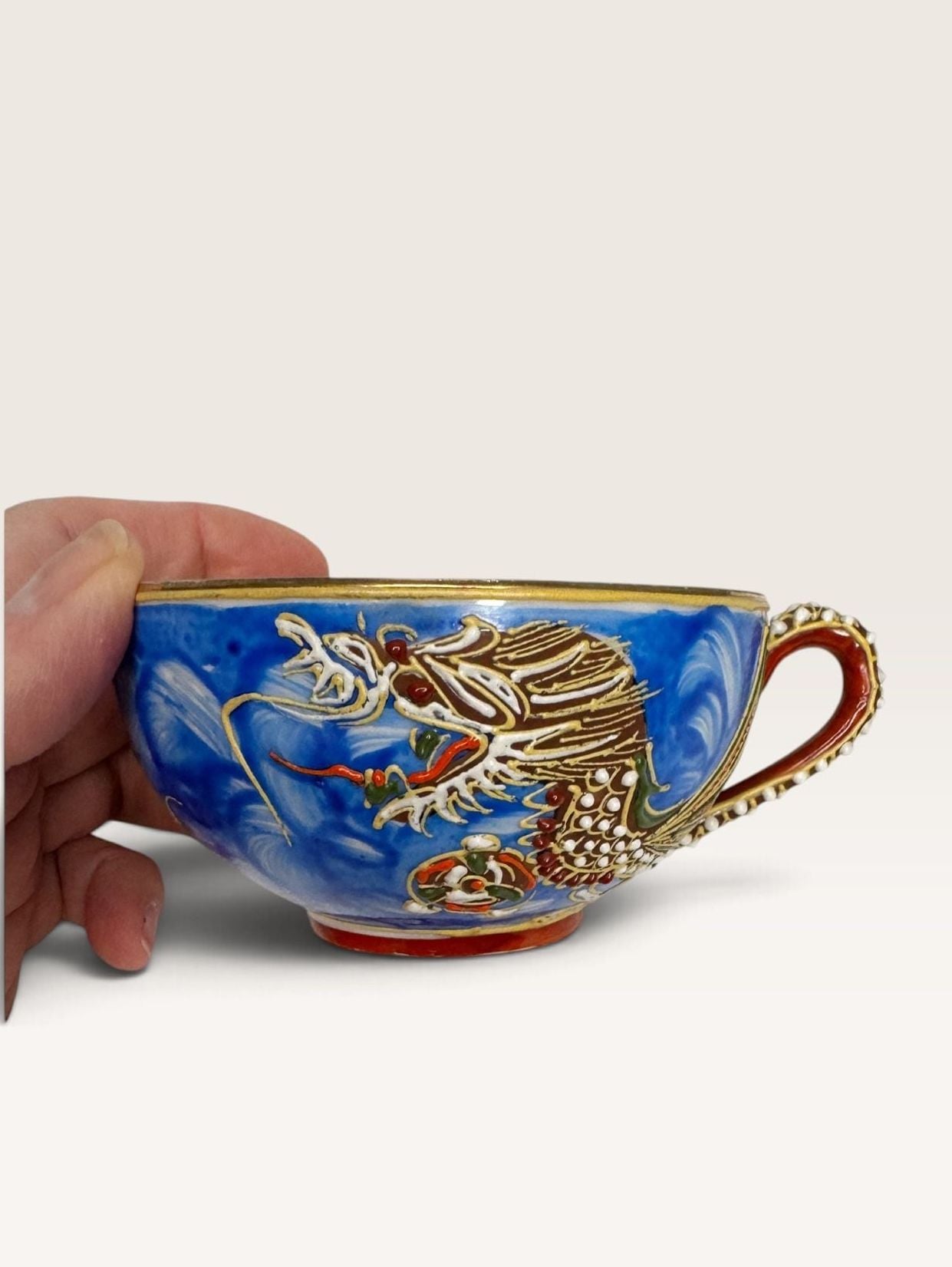 Vintage Japanese Moriage Dragonware Blue Lithophane Geisha Teacup and Saucer Set 4