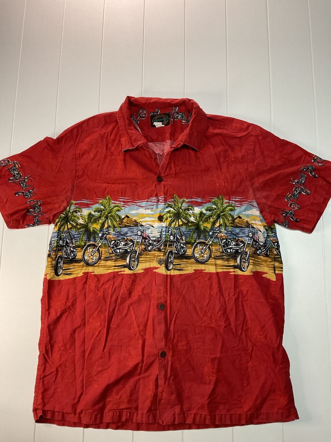 Hawaiian Reserve Collection Hawaiian Shirt Red Motorcycle Beach Palms 2