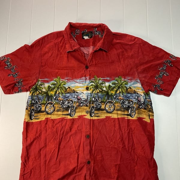 Hawaiian Reserve Collection Hawaiian Shirt Red Motorcycle Beach Palms