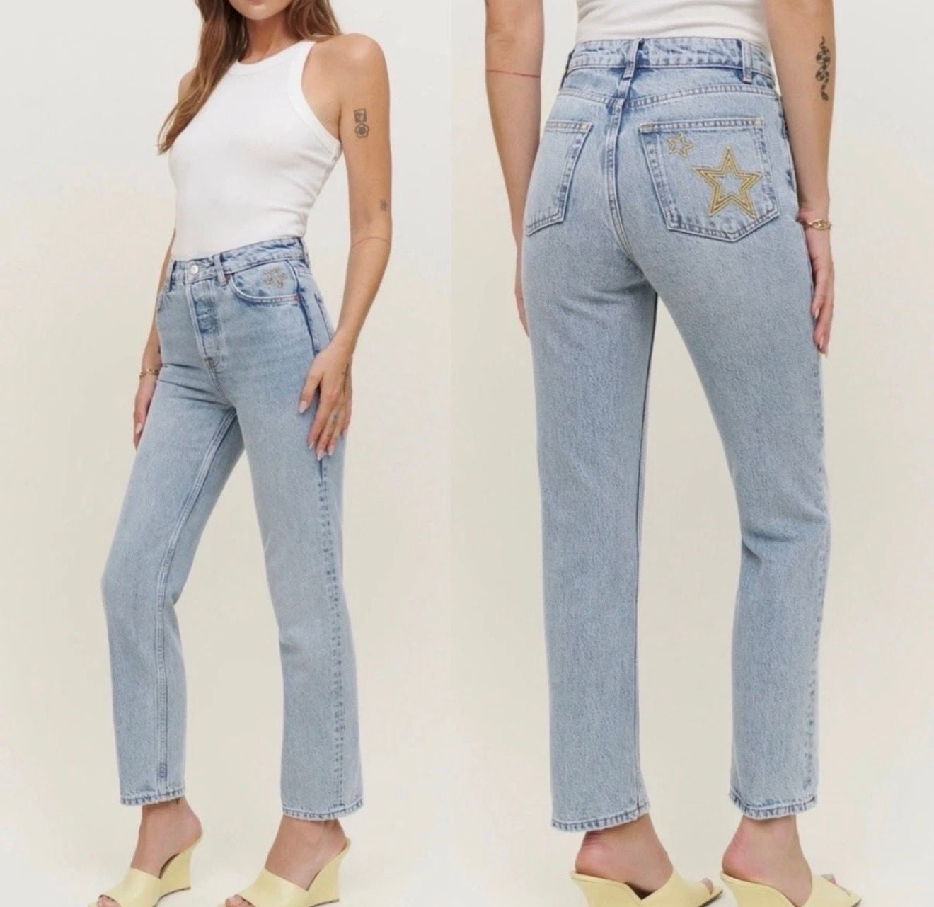 Reformation Cynthia High Rise Straight Jeans Size 27 Star Embroidered 2